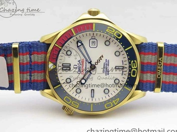 0417 Modern Seamaster 300M 007 YG URF 1:1 Best Edition White Dial Ceramic Bezel On Nylon Strap A 8115